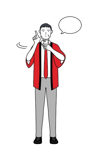 Senior man met een rode happi jas die een smartphone gebruikt