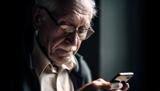 Senior man met grijze baard teksten op telefoon gegenereerd door AI