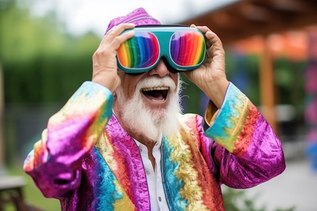 Senior man met kleurrijke regenboogkleding en grote bril Generatieve AI