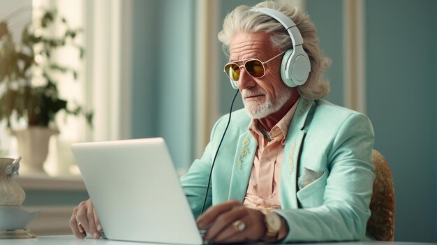 Senior man met koptelefoon en werkt op laptop in levendige kleding techsavvy gefocust en stijlvol ouderling