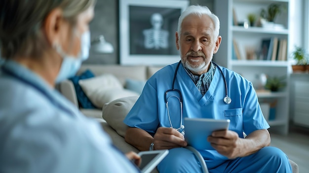 Senior man nurse and tablet for diagnosis in home healthcare and talking on recovery Generative AI | Premium AI-generated image