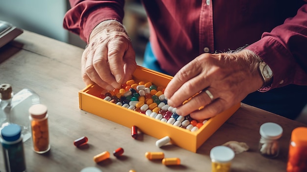 Senior man organizing his medication into pill dispenser Senior man taking pills from box Created with Generative AI technology