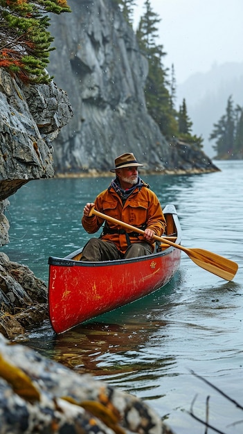 Foto uomo anziano che pagaia su una canoa da spedizione rocciosa con una pagaia di legno che è montata fuori.