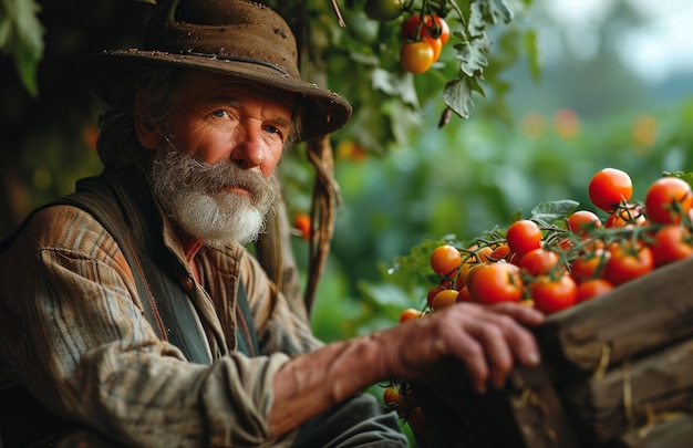 Senior man picking tomatoes in his garden organic produce