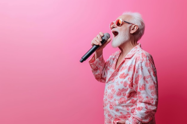 Photo senior man in pink sings into microphone