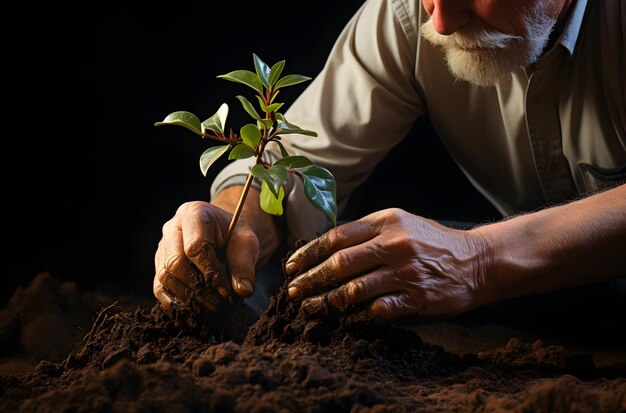 黒い背景に土に木を植える年配の男性