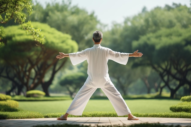 Photo senior man practicing kung fu in the park full length portrait