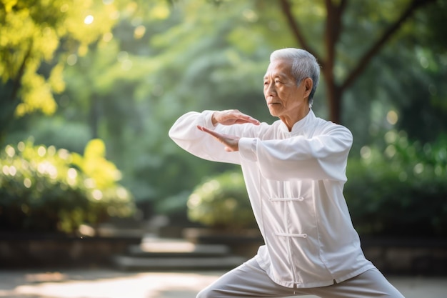 Photo a senior man practicing tai chi in a tranquil park