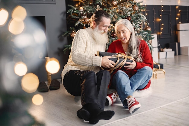 クリスマスツリーの近くに座っている彼の妻にクリスマスプレゼントを提示する年配の男性