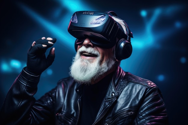 Senior man probeert video's te bekijken met behulp van een vr-headset Generatieve AI