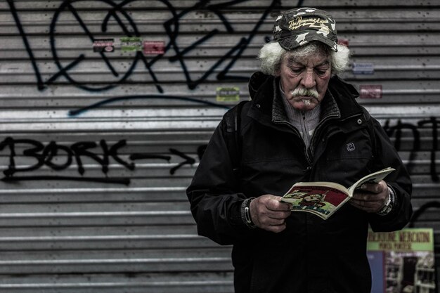 Foto uomo anziano che legge un libro