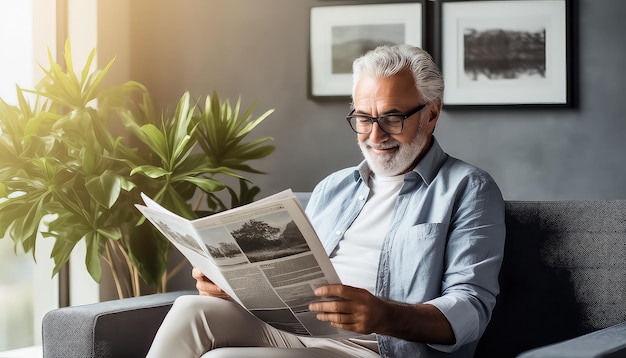 senior man reading newspaper in the living room