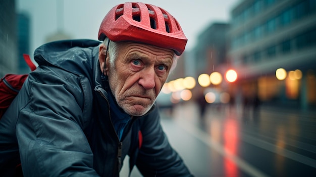 senior man riding bicycle in the city