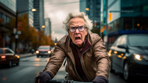 senior man riding bicycle in the city