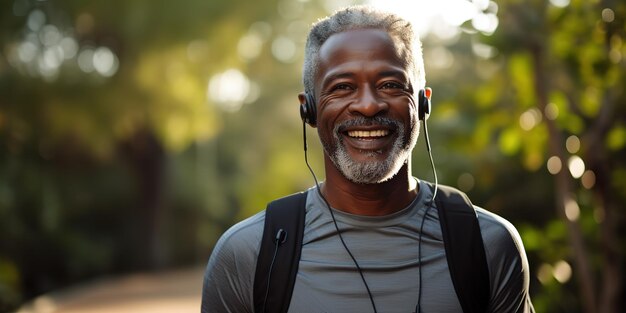 Senior man running outdoors and motivation for fitness energy and healthy exercise with headphones