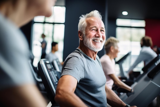 Senior man running on a treadmill in a health club with a trainer ia generated
