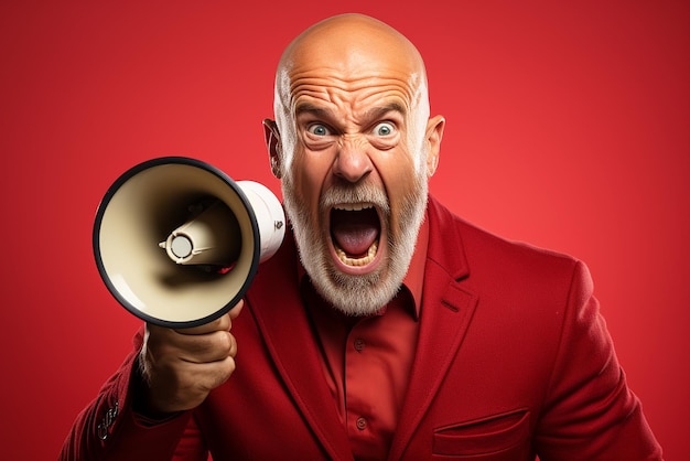 Senior man screaming into a loudspeaker isolated on red background