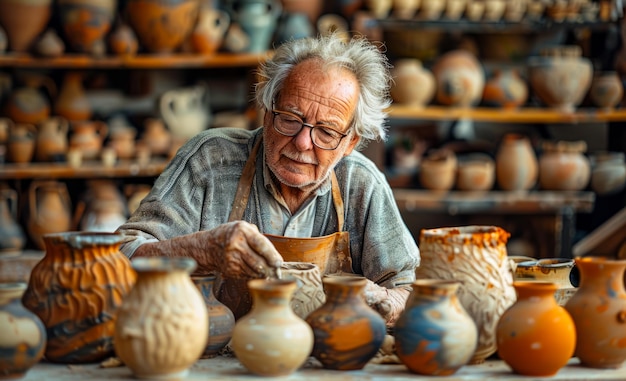 職場で陶器の輪で粘土を形作る年配の男性