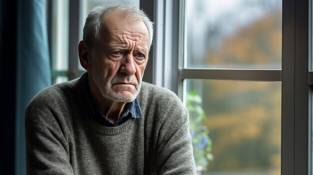 Senior man sitting alone near window He feel depressed lonely Mental health concept