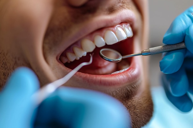 Photo senior man sitting at dentist chair holding saliva ejector while doctor fixing his tooth