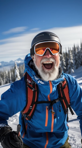 Senior man skiën besneeuwde berg palen bril vrolijke uitdrukking