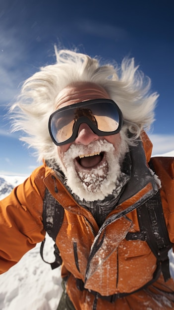 Senior man skiën besneeuwde berg palen bril vrolijke uitdrukking