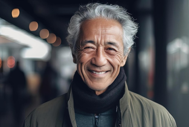 senior man smiling with gray hair in the style of zeninspired