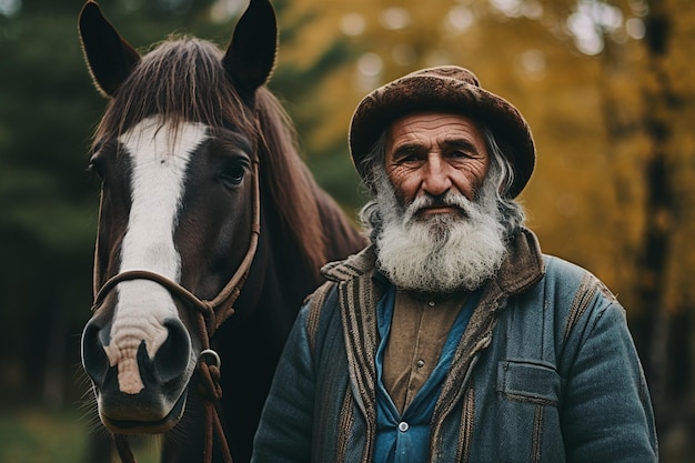 A senior man standing close to a horse outdoors in nature