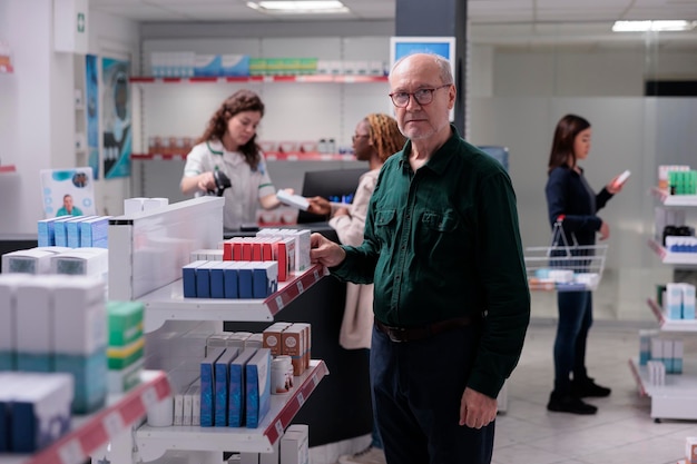 Senior man standing in drugstore in front of shelves full with pharmaceutical supplements. Cheerful customer shopping for vitamin, pills to cure disease. Health care support service