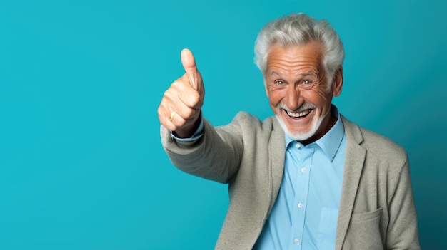 Photo senior man standing over isolated blue background doing happy thumbs up gesture with hand