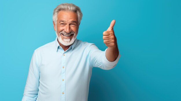 Senior man standing over isolated blue background doing happy thumbs up gesture with hand