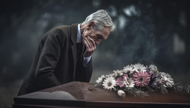 사진 시체 에 슬프게 서 있는 노인 슬픈 노인 할아버지는 장례식에서 슬퍼합니다 외로운 과부 장례식