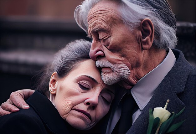 Senior man standing with attractive woman holding flowers on funeral AI Generated