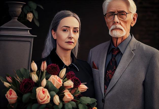 葬儀で花を持った魅力的な女性と一緒に立つ年配の男性
