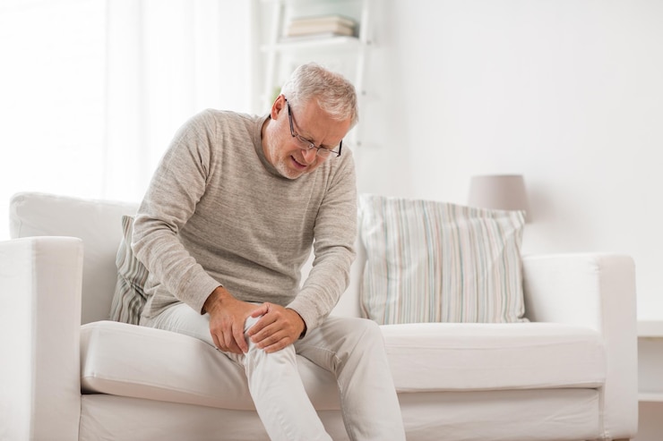 Photo senior man suffering from knee ache at home