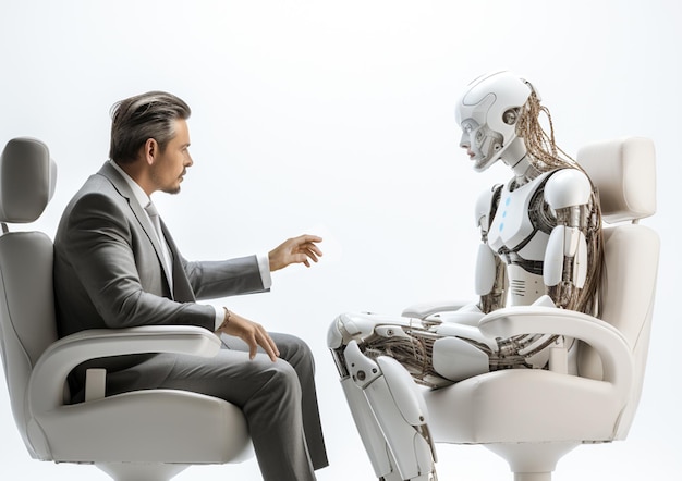 白い部屋でサイボーグ女性とコンサルティングとディスカッションを話すスーツを着た年配の男性ロボットと働く人間の生活と将来の通常の生活のコンセプト生成AIイラスト
