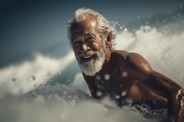 Photo senior man surfing beach fun generate ai