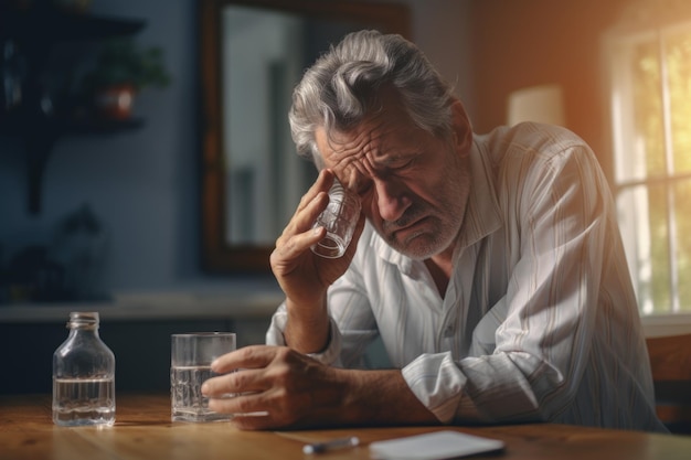 Senior man takes pill with glass of water in hand Stressed mature man drinking sedated