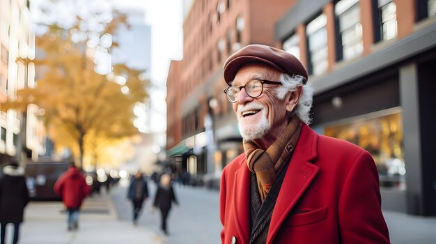 Photo senior man taking a photography class in an urban setting