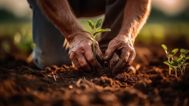 Senior man tuinieren houdt vruchtbare grond in zijn handen met groeiende groene zaailing Lentetuin plantproces