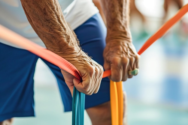 Senior man using resistance stretch bands for strength training in gym