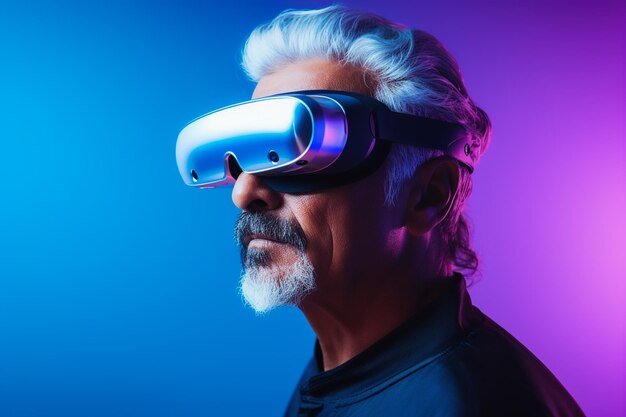 Photo senior man using a vr virtual reality headset glasses for gaming and education