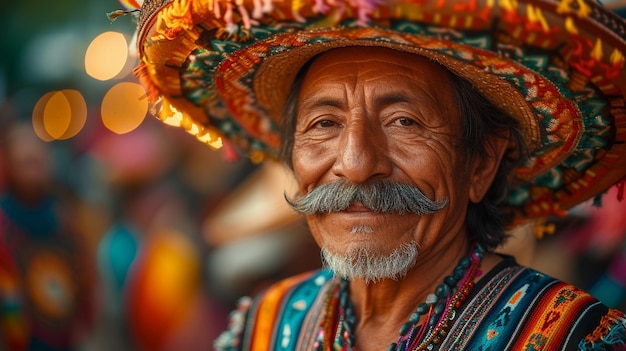 A senior man in vibrant Guatemalan attire and an ornate hat beams with contentment