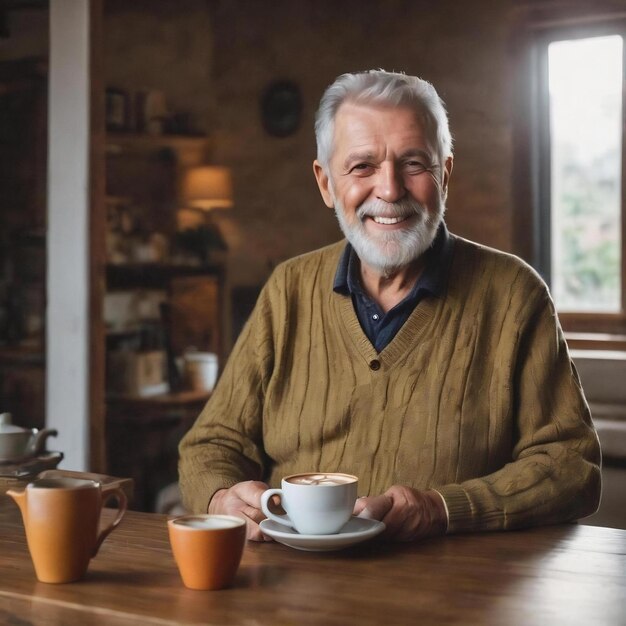 Senior man voelt zich gelukkig koffie drinken in de ochtend genieten van tijd in zijn huis binnenshuis achtergrond li