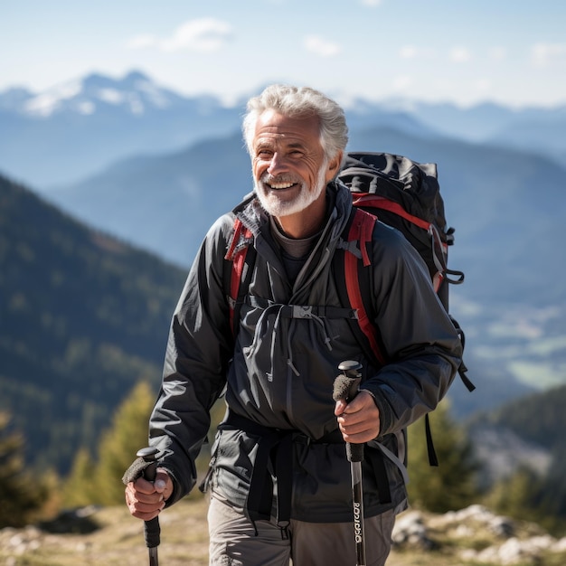 Senior man wandelen rugzak wandelen stok bergketen vastberaden look