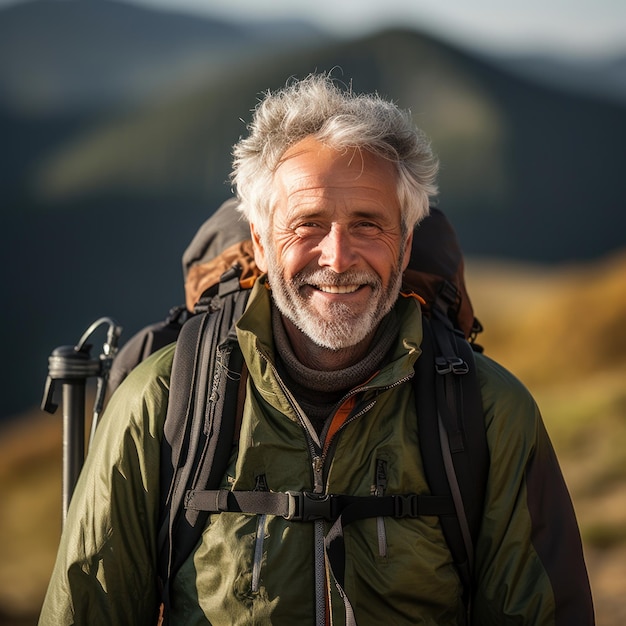 Senior man wandelen rugzak wandelen stok bergketen vastberaden look