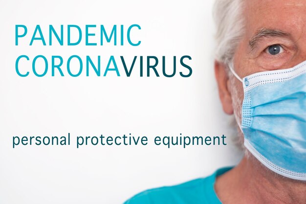 Senior man wearing blue protective mask against coronavirus contagion, white background. Close up on face with blue eye