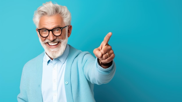 Senior man wearing casual clothes and glasses pointing with hand and finger to the side looking at the camera