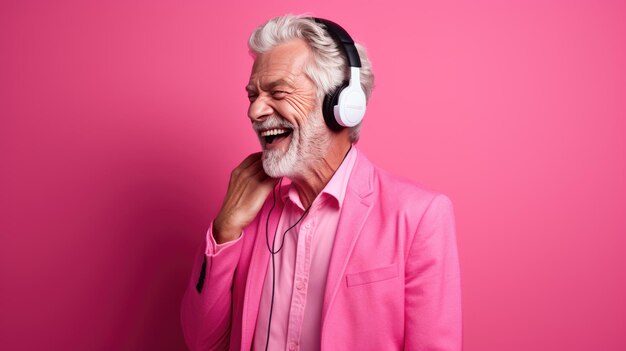 Senior man wearing headphones on a pink background listening to his favorite music