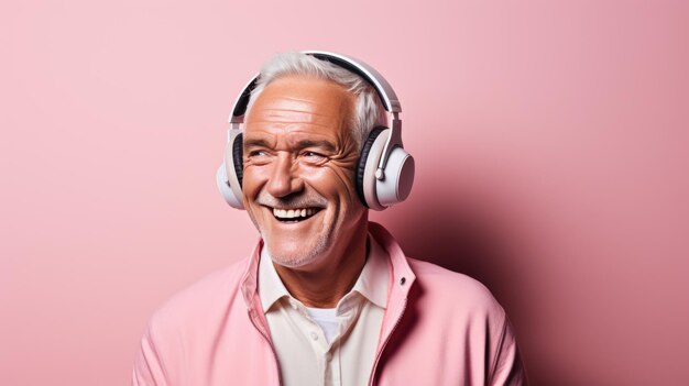 Senior man wearing headphones on a pink background listening to his favorite music